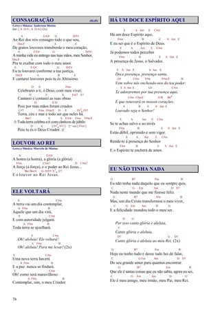 76
CONSAGRAÇÃO (Sl.45)
Letra e Música: Anderson Mattos
Intr. [ A D/A , A D/A ] (2x)
A E/G# G D/F#
Ao Rei dos reis consagro tudo o que sou,
Dm/F A E
De gratos louvores transborda o meu coração,
A E/G# G D/F#
A minha vida eu entrego nas tuas mãos, meu Senhor,
Dm/F A E
Pra te exaltar com todo o meu amor.
A E/G# G D/F#
Eu te louvarei conforme a tua justiça,
Dm/F A B E
E cantarei louvores pois tu és Altíssimo.
D E F#m
Celebrarei a ti, ó Deus, com meu viver;
D E A Em7 A7
Cantarei e contarei as tuas obras
D E/D
Pois por tuas mãos foram criados
C#7 F#m F#m/E D E F#7
4 F#7
Terra, céu e mar e todo ser que neles há.
Bm7 E A E/G# F#m F#m/E
/: Toda terra celebra a ti com cânticos de júbilo
D E [ F#7
4 F#7 ] 2ª vez [ F#m ]
Pois tu és o Deus Criador. :/
LOUVOR AO REI
Letra e Música: Marcelo de Mattos
A E/G#
A honra (a honra), a glória (a glória)
F#m C#m7 D C#m7
A força (a força), e o poder ao Rei Jesus...
Bm Bm/A G D/F# E7
4 E7
E o louvor ao Rei Jesus.
ELE VOLTARÁ
E C#m
A terra vai um dia contemplar,
A F#m B
Aquele que um dia virá,
E C#m
E com autoridade julgará:
A F#m B
Toda terra se ajoelhará.
E C#m
Oh! aleluia! Ele voltará!
A F#m B
Oh! aleluia! Para me levar! (2x)
E C#m
Uma nova terra haverá
A F#m B
E a paz nunca se findará.
E C#m
Oh! como será maravilhoso
A F#m B
Contemplar, sim, o meu Criador.
HÁ UM DOCE ESPÍRITO AQUI
E A Am E C#m
Há um doce Espírito aqui,
F#m B E A Am E
E eu sei que é o Espírito de Deus.
E A Am E C#m
Já podemos todos perceber
F#m B E A Am E
A presença de Jesus, o Salvador.
E A Am E A Am E
Doce presença, presença santa,
G# C#m F#m F#m/E B
Vem sobre nós enchendo-nos do teu poder;
E A Am E G# C#m
Te adoraremos por tua presença aqui,
C#m C#m/C E/B Bbo
E que renovará os nossos corações:
A B E A Am E
Louvado seja o Senhor!
E A Am E C#m
Se te achas salvo e ao invés
F#m B E A Am E
Estás débil, oprimido e sem vigor.
E A Am E C#m
Rende-te à presença do Senhor
F#m B E A Am E
E o Espírito te encherá de amor.
EU NÃO TINHA NADA
G B7 Em B
Eu não tinha nada daquilo que eu sempre quis,
C G Em Am D D7
Nada neste mundo que me fizesse feliz.
G B7 Em B
Mas, um dia Cristo transformou o meu viver,
C G Em Am D G
E a felicidade inundou todo o meu ser.
D G
Por isso canto glória e aleluia,
C
Canto glória e aleluia,
D7 G D7
Canto glória e aleluia ao meu Rei. (2x)
G B7 Em B
Hoje eu tenho tudo e desse tudo hei de falar,
C G Em Am D D7
Do seu grande amor para quantos encontrar.
G B7 Em B
Que ele é tantas coisas que eu não sabia, agora eu sei,
C G Em Am D G
Ele é meu amigo, meu irmão, meu Pai, meu Rei.
 