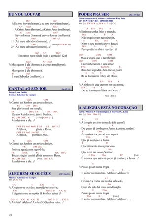 78
EU VOU LOUVAR
Dm7 Gm7
/: Eu vou louvar (homens), eu vou louvar (mulheres),
A7 Dm7 Gm7
A Cristo Jesus (homens), a Cristo Jesus (mulheres).
A7 Dm7 Gm7
Eu vou louvar (homens), eu vou louvar (mulheres),
A7 Dm7 Gm7 A7
1º Ao meu salvador (homens). :/
A7 Dm7 Notas[GGG#ACD]
2º Ao meu salvador (homens). :/
Gm7 A7 Dm7
Eu canto para ele de todo o coração! (2x)
Gm7 A7 Dm7
/: Mas quem é ele (homens), é Jesus (mulheres);
Gm7
Mas quem é ele (homens),
A7 Dm7
É meu Salvador (mulheres). :/
CANTAI AO SENHOR (Is.42:10)
Letra: Leon Patillo
Versão: Adhemar de Campos
C Dm/C C7M
/: Cantai ao Senhor um novo cântico,
F/C C7M Dm/C
Sua glória está no templo;
F/C Dm/C F/C G/C Dm/C
Ele é o Rei dos reis, único Senhor,
F/C C7M Dm/C C 2ª vez [ Gm7 C7 ]
Rendei-vos a ele. :/
F G/F C/E Am7 Am/G F G/F C/E Gm7 C7
Aleluia, glória a Deus.
F G/F C/E Am7 Dm7 G7 C
Aleluia, glória a Deus.
C Dm/C C7M
/: Cantai ao Senhor um novo cântico,
F/C C7M Dm/C
Pois se agrada em recebê-lo;
F/C Dm/C F/C G/C Dm/C
Toda criação cantai glória ao nosso Deus,
F/C C7M Dm/C C 2ª vez [ Gm7 C7 ]
Rendei-vos a ele. :/
ALEGREM-SE OS CÉUS (I Cr.16:31)
Música: Adhemar de Campos
Intr. [ C/G G ]
C/G G C/G G
/: Alegrem-se os céus, regozije-se a terra;
C/G G Am7 D G C/G G
E diga-se entre as nações: O Senhor reina. :/
C/G G C/G G C/G G Am7 D G C/G G
/: Aleluia! Aleluia! Aleluia! O Senhor reina. :/
PODER PRA SER (Jo.1:10-12)
Letra (adaptação) e Música: Guilherme Kerr Neto
LP: VENTO LIVRE - IBMORUMBI
Intr. [ A E/A D/A A , D/A A E A ] (2x)
A E/A D/A A
/: Embora tenha feito o mundo,
D/A A E A
Não o quiseram reconhecer,
A E/A D/A A
Nem o seu próprio povo Israel,
D/A A E A
Pois preferiu não o receber. :/
Dm7 G7(9) C7M
Mas a todos que o receberam
Dm7 G7(9) C7M
E reconheceram o seu amor,
F7M Bm7(b5) E
Deu-lhes o poder, deu-lhes o poder
D A E A
De se tornarem filhos de Deus,
A E/A D/A A
/: A todos os que crerem no seu nome,
D/A A E A
De se tornarem filhos de Deus. :/
Final [ Intr. ]
A ALEGRIA ESTÁ NO CORAÇÃO
Letra e Música: Vavá Rodrigues & Harrison G. Lima
Intr. [ A G#m , F#m E ]
E E7
/: A alegria está no coração (de quem?)
A E
De quem já conhece a Jesus. (Amém, amém!)
E C#m
A verdadeira paz só tem aquele
F#m B
Que já conhece a Jesus.
E E7
O sentimento mais precioso
A Am
Que vem do nosso Senhor,
E C#m F#m B7 [ Intr. ]
É o amor que só tem quem já conhece a Jesus. :/
E
/: Posso pisar numa tropa
A E
E saltar as muralhas. Aleluia! Aleluia! :/
E E7
Cristo é a rocha da minha salvação,
A Am
Com ele não há mais condenação,
E C#m
Posso pisar numa tropa
F#m B [ Intr. ]
E saltar as muralhas. Aleluia! Aleluia! . . .
 
