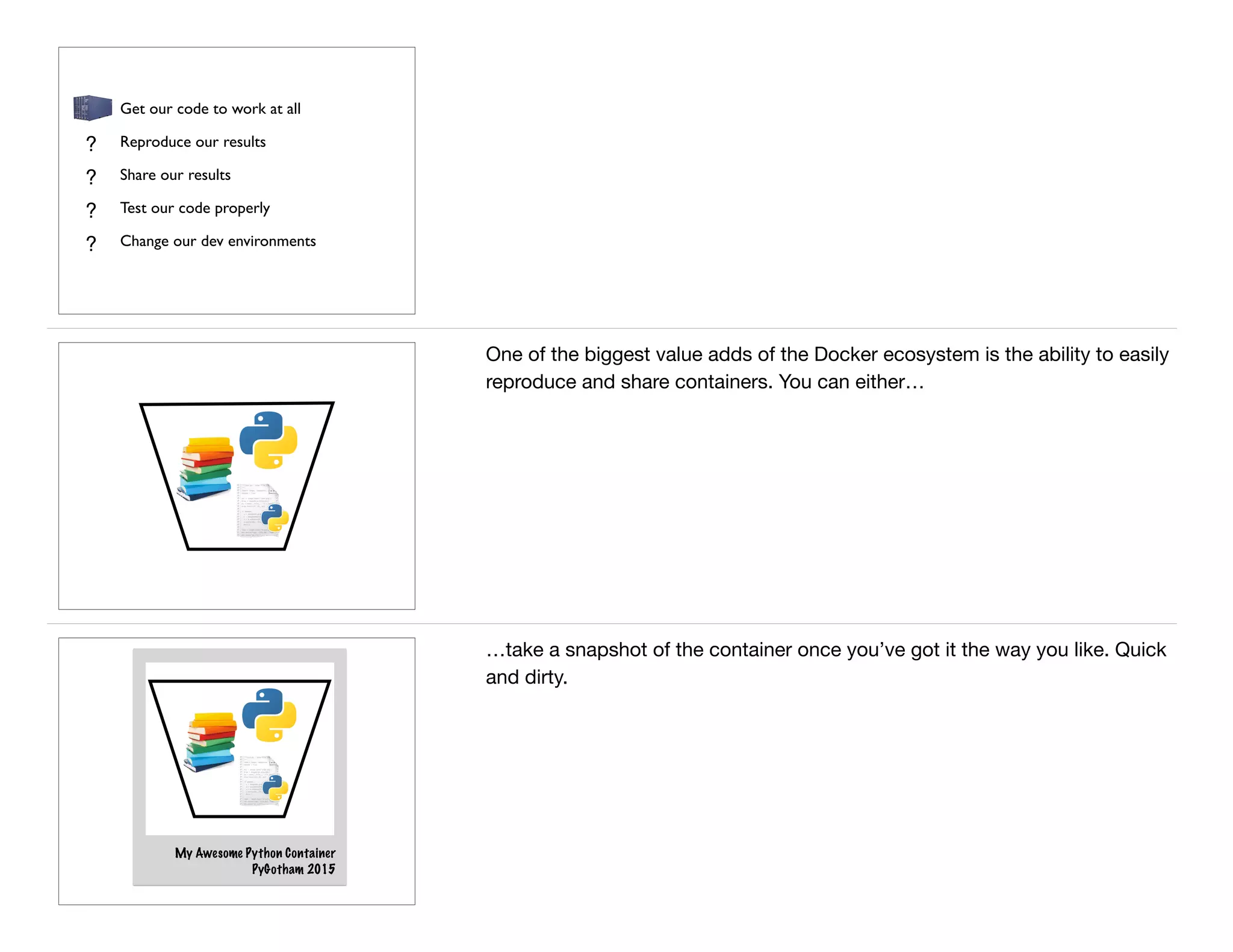 Get our code to work at all
Reproduce our results
Share our results
Test our code properly
Change our dev environments
?
?
?
?
One of the biggest value adds of the Docker ecosystem is the ability to easily
reproduce and share containers. You can either…
My Awesome Python Container
PyGotham 2015
…take a snapshot of the container once you’ve got it the way you like. Quick
and dirty.
 