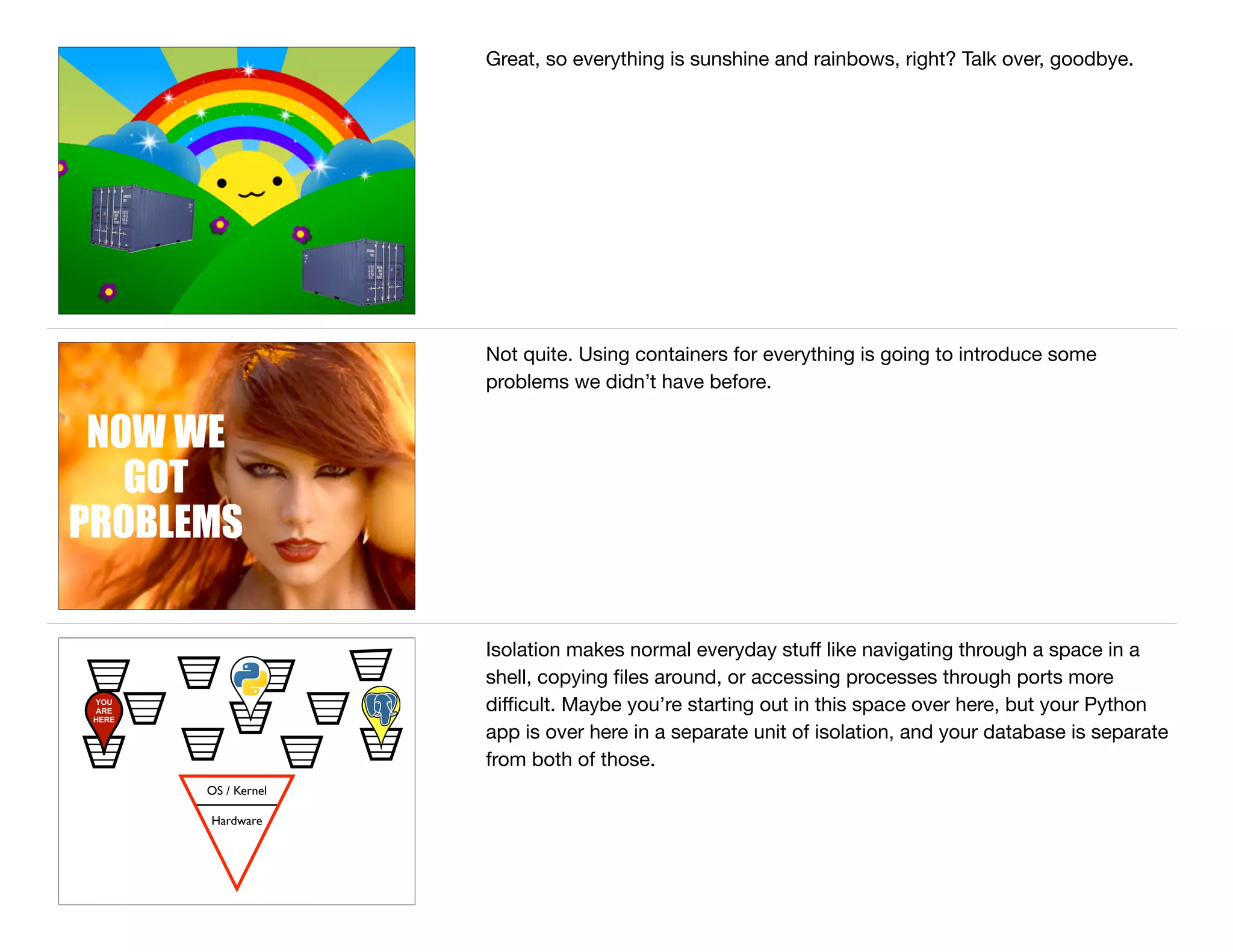 Great, so everything is sunshine and rainbows, right? Talk over, goodbye.
NOW WE
GOT
PROBLEMS
Not quite. Using containers for everything is going to introduce some
problems we didn’t have before.
OS / Kernel
Hardware
Isolation makes normal everyday stuﬀ like navigating through a space in a
shell, copying ﬁles around, or accessing processes through ports more
diﬃcult. Maybe you’re starting out in this space over here, but your Python
app is over here in a separate unit of isolation, and your database is separate
from both of those.
 