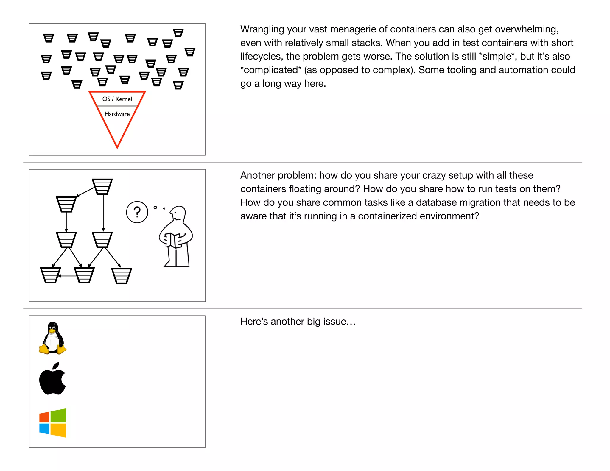 OS / Kernel
Hardware
Wrangling your vast menagerie of containers can also get overwhelming,
even with relatively small stacks. When you add in test containers with short
lifecycles, the problem gets worse. The solution is still *simple*, but it’s also
*complicated* (as opposed to complex). Some tooling and automation could
go a long way here.
Another problem: how do you share your crazy setup with all these
containers ﬂoating around? How do you share how to run tests on them?
How do you share common tasks like a database migration that needs to be
aware that it’s running in a containerized environment?
Here’s another big issue…
 