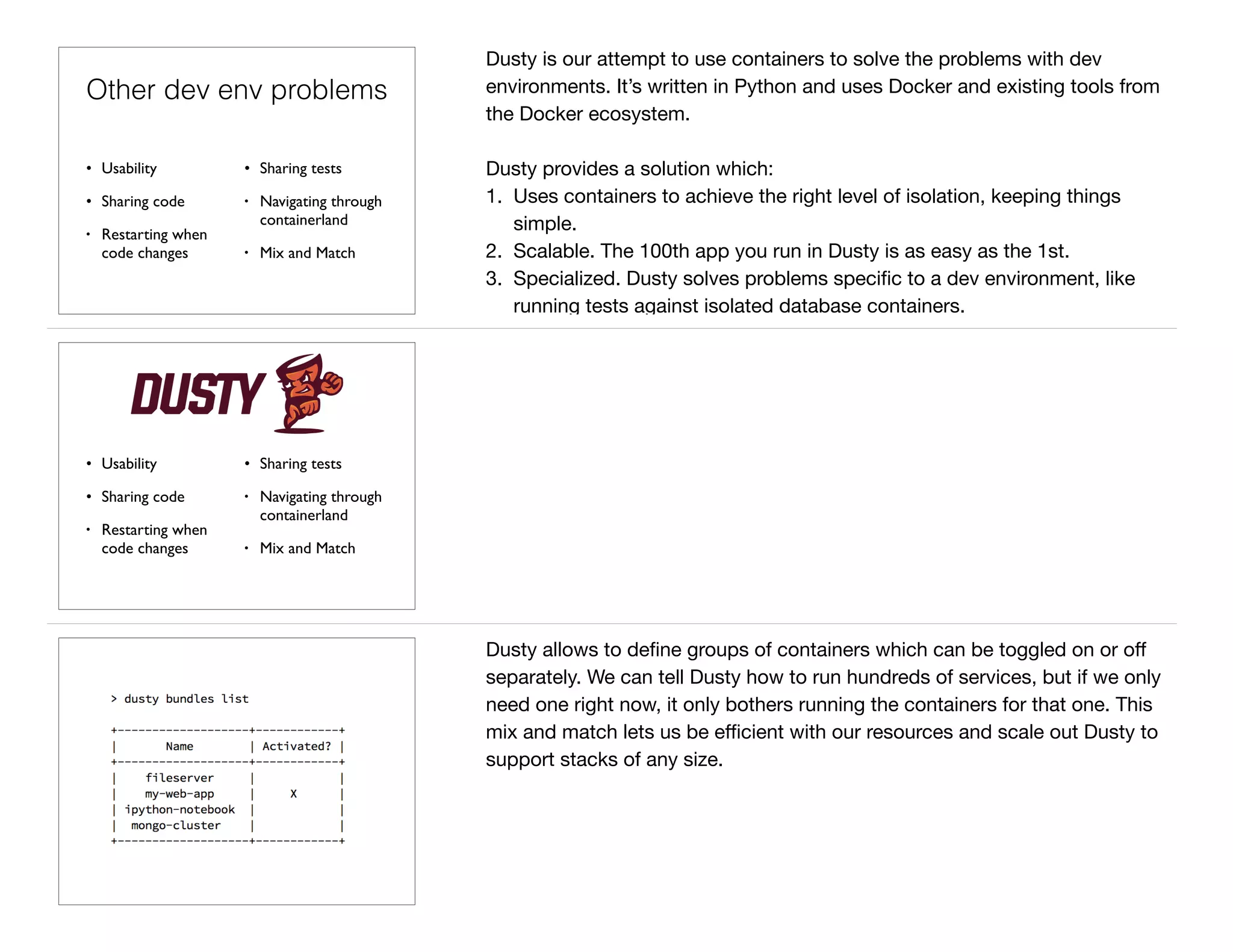 • Usability
• Sharing code
• Restarting when
code changes
• Sharing tests
• Navigating through
containerland
• Mix and Match
Other dev env problems
Dusty is our attempt to use containers to solve the problems with dev
environments. It’s written in Python and uses Docker and existing tools from
the Docker ecosystem.

Dusty provides a solution which:

1. Uses containers to achieve the right level of isolation, keeping things
simple.

2. Scalable. The 100th app you run in Dusty is as easy as the 1st.

3. Specialized. Dusty solves problems speciﬁc to a dev environment, like
running tests against isolated database containers.
• Usability
• Sharing code
• Restarting when
code changes
• Sharing tests
• Navigating through
containerland
• Mix and Match
Dusty allows to deﬁne groups of containers which can be toggled on or oﬀ
separately. We can tell Dusty how to run hundreds of services, but if we only
need one right now, it only bothers running the containers for that one. This
mix and match lets us be eﬃcient with our resources and scale out Dusty to
support stacks of any size.
 