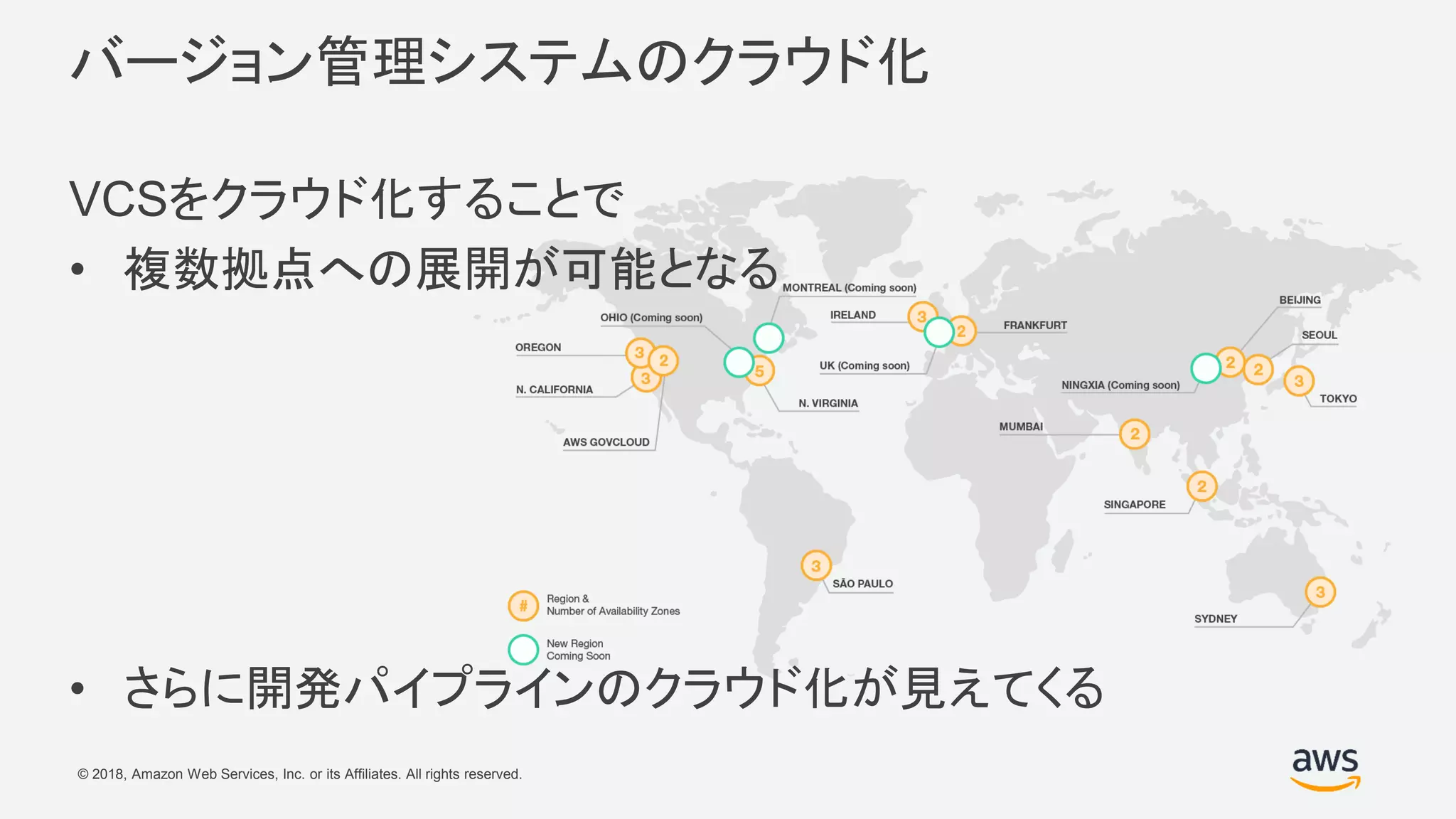 © 2018, Amazon Web Services, Inc. or its Affiliates. All rights reserved.
バージョン管理システムのクラウド化
VCSをクラウド化することで
• 複数拠点への展開が可能となる
• さらに開発パイプラインのクラウド化が見えてくる
 