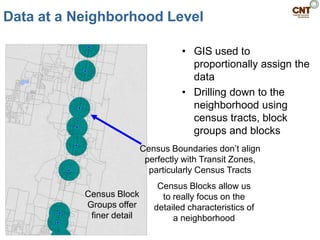 Data at a Neighborhood Level

                                     • GIS used to
                                       proportionally assign the
                                       data
                                     • Drilling down to the
                                       neighborhood using
                                       census tracts, block
                                       groups and blocks
                           Census Boundaries don‘t align
                            perfectly with Transit Zones,
                             particularly Census Tracts
                               Census Blocks allow us
           Census Block         to really focus on the
           Groups offer       detailed characteristics of
            finer detail           a neighborhood
 