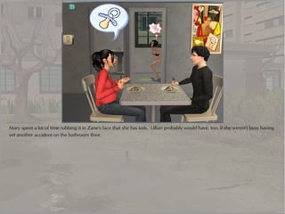 Mary spent a lot of time rubbing it in Zane's face that she has kids. Lillian probably would have, too, if she weren't busy having
yet another accident on the bathroom floor.
 