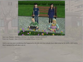 Back row: Damien - (Gemini 2/10/9/4/7) & (Tabitha - Gemini 2/8/9/2/7)
Front row: Everett – (Leo 5/9/5/5/5) & Karliah (Pisces 5/5/6/5/9)

And in case you were wondering what happened to the kids who have already been taken away by the SoWo, don't worry,
they're going to be well taken care of.
 