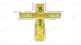 Eguardarosábado
Nãoterdeuses
estranhos
Nãofazerimagens
NãoprofanaronomedeDeus
Não cobiçar
Honrar os pais Não matar Não adulterar Não furtar
Não dar falso testemunho
AMOR
PRÓXIMO
 