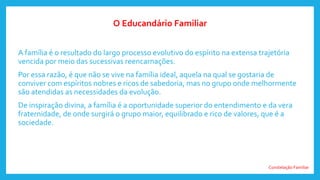 Constelação Familiar
A família é o resultado do largo processo evolutivo do espírito na extensa trajetória
vencida por meio das sucessivas reencarnações.
Por essa razão, é que não se vive na família ideal, aquela na qual se gostaria de
conviver com espíritos nobres e ricos de sabedoria, mas no grupo onde melhormente
são atendidas as necessidades da evolução.
De inspiração divina, a família é a oportunidade superior do entendimento e da vera
fraternidade, de onde surgirá o grupo maior, equilibrado e rico de valores, que é a
sociedade.
O Educandário Familiar
 