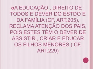 A EDUCAÇÃO , DIREITO DE
TODOS E DEVER DO ESTDO E
DA FAMÍLIA (CF, ART.205),
RECLAMA ATENÇÃO DOS PAIS,
POIS ESTES TÊM O DEVER DE
ASSISTIR , CRIAR E EDUCAR
OS FILHOS MENORES ( CF,
ART.229)
 