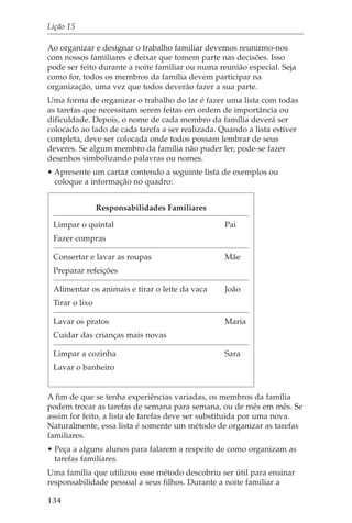 Lição 15

Ao organizar e designar o trabalho familiar devemos reunirmo-nos
com nossos familiares e deixar que tomem parte nas decisões. Isso
pode ser feito durante a noite familiar ou numa reunião especial. Seja
como for, todos os membros da família devem participar na
organização, uma vez que todos deverão fazer a sua parte.
Uma forma de organizar o trabalho do lar é fazer uma lista com todas
as tarefas que necessitam serem feitas em ordem de importância ou
dificuldade. Depois, o nome de cada membro da família deverá ser
colocado ao lado de cada tarefa a ser realizada. Quando a lista estiver
completa, deve ser colocada onde todos possam lembrar de seus
deveres. Se algum membro da família não puder ler, pode-se fazer
desenhos simbolizando palavras ou nomes.
• Apresente um cartaz contendo a seguinte lista de exemplos ou
  coloque a informação no quadro:


                Responsabilidades Familiares

 Limpar o quintal                                 Pai
 Fazer compras

 Consertar e lavar as roupas                      Mãe
 Preparar refeições

 Alimentar os animais e tirar o leite da vaca     João
 Tirar o lixo

 Lavar os pratos                                  Maria
 Cuidar das crianças mais novas

 Limpar a cozinha                                 Sara
 Lavar o banheiro


A fim de que se tenha experiências variadas, os membros da família
podem trocar as tarefas de semana para semana, ou de mês em mês. Se
assim for feito, a lista de tarefas deve ser substituída por uma nova.
Naturalmente, essa lista é somente um método de organizar as tarefas
familiares.
• Peça a alguns alunos para falarem a respeito de como organizam as
  tarefas familiares.
Uma família que utilizou esse método descobriu ser útil para ensinar
responsabilidade pessoal a seus filhos. Durante a noite familiar a

134
 