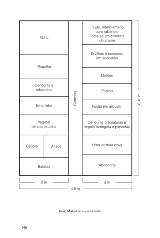 Feijão, interplantado
                                                   com rabanete
            Milho                               Tomates em cilindros
                                                      de arame


                                                 Ervilhas e cenouras
                                                    em sucessão

         Repolho

                                                         Melões

       Cenouras e
       rabanetes                                         Pepino
                                   Caminho




                                                                           6,10 m
        Beterraba                                 Feijão em arbusto



          Vegetal                              Cenouras prematuras e
      de sua escolha                         depois beringela e pimentão




  Cebola             Alface                      Uma verdura nova




           Batatas                                   Abobrinha



            2m                                            2m
                                 4,5 m




                         16–d, Modelo de mapa da horta



146
 