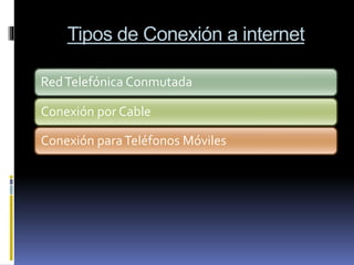 Tipos de Conexión a internet
RedTelefónica Conmutada
Conexión por Cable
Conexión paraTeléfonos Móviles
 