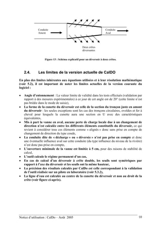 Conduite
Amont
Conduite
Aval
Deux crêtes
déversantes
Figure 13 : Schéma explicatif pour un déversoir à deux crêtes.
2.4. Les limites de la version actuelle de CalDO
En plus des limites inhérentes aux équations utilisées et à leur résolution mathématique
(voir 5.2), il est important de noter les limites actuelles de la version courante du
logiciel :
• Angle d’entonnement : La valeur limite de validité dans les tests effectués (validation par
rapport à des mesures expérimentales) à ce jour de cet angle est de 20° (cette limite n’est
pas bridée dans le mode de saisie),
• La forme de la cunette du déversoir est celle de la section du tronçon juste en amont
du déversoir : les seules exceptions sont les cas des tronçons circulaires, ovoïdes et fer à
cheval pour lesquels la cunette aura une section en U avec des caractéristiques
équivalentes,
• Mis à part la vanne en aval, aucune perte de charge locale due à un changement de
direction n’est calculée entre les différents éléments constitutifs du déversoir, ce qui
revient à considérer tous ces éléments comme « alignés » donc sans prise en compte de
changement de direction du type coude,
• La conduite dite de « décharge » ou « déversée » n’est pas prise en compte et donc
une éventuelle influence aval sur cette conduite (du type influence du niveau de la rivière)
n’est donc pas prise en compte,
• L’ouverture minimale de la vanne est limitée à 5 cm, pour des raisons de stabilité de
calcul,
• L’outil calcule le régime permanent d’un cas,
• En cas de calcul d’un déversoir à crête double, les seuils sont symétriques par
rapport à l’axe du déversoir et les seuils ont la même hauteur,
• La précision des résultats calculés par CalDo est celle correspondant à la validation
de l’outil réalisée sur un pilote en laboratoire (voir 5.3.2),
• La ligne d’eau est calculée au centre de la cunette du déversoir et non au droit de la
crête (voir figure ci-après).
Notice d’utilisation : CalDo – Août 2005 10
 