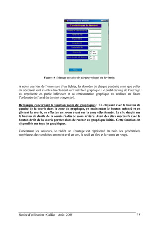 Figure 19 : Masque de saisie des caractéristiques du déversoir.
A noter que lors de l’ouverture d’un fichier, les données de chaque conduite ainsi que celles
du déversoir sont visibles directement sur l’interface graphique. Le profil en long de l’ouvrage
est représenté en partie inférieure et sa représentation graphique est réalisée en fixant
l’ordonnée de l’aval du dernier tronçon à 0.
Remarque concernant la fonction zoom des graphiques : En cliquant avec le bouton de
gauche de la souris dans la zone du graphique, en maintenant le bouton enfoncé et en
glissant la souris, on effectue un zoom avant sur la zone sélectionnée. Le clic simple sur
le bouton de droite de la souris réalise le zoom arrière. Ainsi des clics successifs avec le
bouton droit de la souris permet alors de revenir au graphique initial. Cette fonction est
disponible sur tous les graphiques.
Concernant les couleurs, le radier de l’ouvrage est représenté en noir, les génératrices
supérieures des conduites amont et aval en vert, le seuil en bleu et la vanne en rouge.
Notice d’utilisation : CalDo – Août 2005 18
 