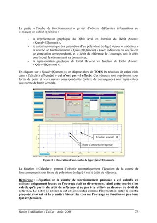La partie « Courbe de fonctionnement » permet d’obtenir différentes informations ou
d’engager un calcul spécifique :
- la représentation graphique du Débit Aval en fonction du Débit Amont :
« Qaval=f(Qamont) »,
- le calcul automatique des paramètres d’un polynôme de degré 4 pour « modéliser »
la courbe de fonctionnement « Qaval=f(Qamont) » (avec indication du coefficient
de corrélation correspondant), et le débit de référence de l’ouvrage, soit le débit
pour lequel le déversement va commencer,
- la représentation graphique du Débit Déversé en fonction du Débit Amont :
« Qdev=f(Qamont) »,
En cliquant sur « Qaval=f(Qamont) » on dispose alors de TOUS les résultats de calcul cités
dans « Calcul(s) effectué(s) » qui n’ont pas été effacés. Ces résultats sont représentés sous
forme de point et leurs erreurs correspondantes (critère de convergence) sont représentées
sous forme de barre verticale.
Résultat calculé Q
Barre d’erreur (convergence)
Figure 31 : Illustration d’une courbe de type Qaval=f(Qamont).
La fonction « Calculer », permet d’obtenir automatiquement l’équation de la courbe de
fonctionnement (sous forme de polynôme de degré 4) et le débit de référence.
Remarque : l’équation de la courbe de fonctionnement proposée a été calculée en
utilisant uniquement les cas ou l’ouvrage était en déversement. Ainsi cette courbe n’est
valable qu’à partir du débit de référence et ne pas être utilisée en dessous du débit de
référence. Le débit de référence est ensuite évalué comme l’intersection entre la courbe
proposée ci-avant et la première bissectrice (cas ou l’ouvrage ne fonctionne pas donc
Qaval=Qamont).
Notice d’utilisation : CalDo – Août 2005 29
 