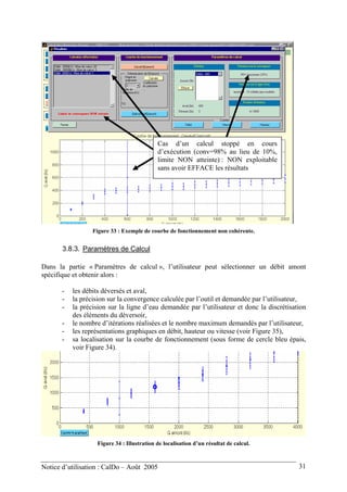 Cas d’un calcul stoppé en cours
d’exécution (conv=98% au lieu de 10%,
limite NON atteinte) : NON exploitable
sans avoir EFFACE les résultats
Figure 33 : Exemple de courbe de fonctionnement non cohérente.
3.8.3. Paramètres de Calcul
Dans la partie « Paramètres de calcul », l’utilisateur peut sélectionner un débit amont
spécifique et obtenir alors :
- les débits déversés et aval,
- la précision sur la convergence calculée par l’outil et demandée par l’utilisateur,
- la précision sur la ligne d’eau demandée par l’utilisateur et donc la discrétisation
des éléments du déversoir,
- le nombre d’itérations réalisées et le nombre maximum demandés par l’utilisateur,
- les représentations graphiques en débit, hauteur ou vitesse (voir Figure 35),
- sa localisation sur la courbe de fonctionnement (sous forme de cercle bleu épais,
voir Figure 34).
Figure 34 : Illustration de localisation d’un résultat de calcul.
Notice d’utilisation : CalDo – Août 2005 31
 