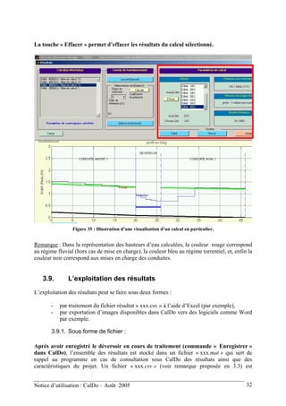 La touche « Effacer » permet d’effacer les résultats du calcul sélectionné.
Figure 35 : Illustration d’une visualisation d’un calcul en particulier.
Remarque : Dans la représentation des hauteurs d’eau calculées, la couleur rouge correspond
au régime fluvial (hors cas de mise en charge), la couleur bleu au régime torrentiel, et, enfin la
couleur noir correspond aux mises en charge des conduites.
3.9. L’exploitation des résultats
L’exploitation des résultats peut se faire sous deux formes :
- par traitement du fichier résultat « xxx.csv » à l’aide d’Excel (par exemple),
- par exportation d’images disponibles dans CalDo vers des logiciels comme Word
par exemple.
3.9.1. Sous forme de fichier :
Après avoir enregistré le déversoir en cours de traitement (commande « Enregistrer »
dans CalDo), l’ensemble des résultats est stocké dans un fichier « xxx.mat » qui sert de
rappel au programme en cas de consultation sous CalDo des résultats ainsi que des
caractéristiques du projet. Un fichier « xxx.csv » (voir remarque proposée en 3.3) est
Notice d’utilisation : CalDo – Août 2005 32
 
