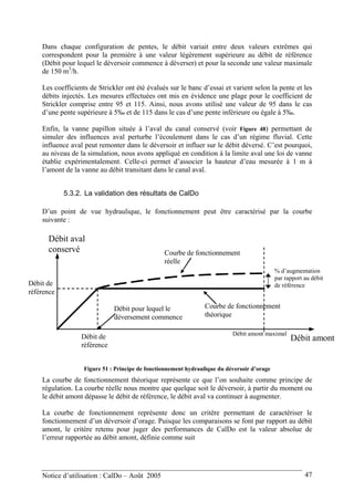 Dans chaque configuration de pentes, le débit variait entre deux valeurs extrêmes qui
correspondent pour la première à une valeur légèrement supérieure au débit de référence
(Débit pour lequel le déversoir commence à déverser) et pour la seconde une valeur maximale
de 150 m3
/h.
Les coefficients de Strickler ont été évalués sur le banc d’essai et varient selon la pente et les
débits injectés. Les mesures effectuées ont mis en évidence une plage pour le coefficient de
Strickler comprise entre 95 et 115. Ainsi, nous avons utilisé une valeur de 95 dans le cas
d’une pente supérieure à 5‰ et de 115 dans le cas d’une pente inférieure ou égale à 5‰.
Enfin, la vanne papillon située à l’aval du canal conservé (voir Figure 48) permettant de
simuler des influences aval perturbe l’écoulement dans le cas d’un régime fluvial. Cette
influence aval peut remonter dans le déversoir et influer sur le débit déversé. C’est pourquoi,
au niveau de la simulation, nous avons appliqué en condition à la limite aval une loi de vanne
établie expérimentalement. Celle-ci permet d’associer la hauteur d’eau mesurée à 1 m à
l’amont de la vanne au débit transitant dans le canal aval.
5.3.2. La validation des résultats de CalDo
D’un point de vue hydraulique, le fonctionnement peut être caractérisé par la courbe
suivante :
Débit aval
conservé
Débit amontDébit de
référence
Débit de
référence
Débit pour lequel le
déversement commence
Courbe de fonctionnement
réelle
Courbe de fonctionnement
théorique
Débit amont maximal
% d’augmentation
par rapport au débit
de référence
Figure 51 : Principe de fonctionnement hydraulique du déversoir d’orage
La courbe de fonctionnement théorique représente ce que l’on souhaite comme principe de
régulation. La courbe réelle nous montre que quelque soit le déversoir, à partir du moment ou
le débit amont dépasse le débit de référence, le débit aval va continuer à augmenter.
La courbe de fonctionnement représente donc un critère permettant de caractériser le
fonctionnement d’un déversoir d’orage. Puisque les comparaisons se font par rapport au débit
amont, le critère retenu pour juger des performances de CalDo est la valeur absolue de
l’erreur rapportée au débit amont, définie comme suit
Notice d’utilisation : CalDo – Août 2005 47
 