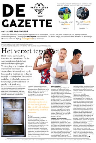 DE
GAZETTEAMSTERDAM, AUGUSTUS 2018
Vet en olie in het riool is een gigantisch probleem in Amsterdam. Lees hier hoe jouw horecazaak kan bijdragen tot een
duurzame oplossing. De campagne vetstrijder is een initiatief van SwiftComply, ondersteund door Waternet en Koninklijke
Horeca Nederland. Kijk op vetstrijder.nl voor meer info.
!
 


Gelieve niet op de openbare weggooien aub. VU: SwiftComply TopCo Ltd, 30/31 Francis Street, Dublin, Dublin, D08 YHW1, Ireland, swiftcomply.com. Eindredactie: Lily Van Hende, Country Manager voor SwiftComply, TQ, Singel 542, 1017 AZ Amsterdam, + 31208932900 

Denk vooral aan braadvet,
frituurvet en etensresten. En dat
veroorzaakt dagelijks tal van
vervelende verstoppingen.
Verstoppingen in het riool zijn een
sluimerend fenomeen in
Amsterdam. Vet zet zich af op de
buiswanden, hardt uit en is daarna
moeilijk te verwijderen. Bovendien
raakt het rioolstelsel meer en meer
beschadigd. Met veel hinder tot
gevolg, ook op de weg.
Elke dag lozen we in Amsterdam vier ton vet in het
riool via de gootsteen. Dat zijn 20 volle badkuipen
met frituurolie, braadvet en etensresten. De
kosten voor de schoonmaak van de riolen en de
zuivering van het water lopen jaarlijks op tot in de
miljoenen. Bovendien gaan er zo ook tonnen
De dagelijkse strijd
van Jeroen
- pagina 4 -
Wat drijft Mariëlle
als hotelmanager
- pagina 4 -
potentiële biobrandstof verloren.Niet
iedereen is zich even goed bewust van het
probleem. Daarom verdwijnt vet en olie na
gebruik nog al te vaak in de gootsteen of
het toilet. Dat leidt niet alleen tot
verstoppingen in het riool, maar ook in de
leidingen van jouw horecazaak.
Elke dag lozen we in
Amsterdam vier ton vet in
het riool via de gootsteen.
Dat zijn 20 volle badkuipen
met frituurolie, braadvet en
etensresten.
Dure grap
Als horecaondernemer in Amsterdam
betaal je vandaag verschillende
belastingen, waaronder rioolheﬃng en
waterschapsheﬃngen. Een burger betaalt
ongeveer 160 euro aan waterschaps-
heﬃngen, ondernemers betalen nu al een
veelvoud. Dat is helaas nodig. In
Amsterdam bedroegen de onderhouds-
kosten van de riolering in 2016 liefst 42,6
miljoen euro. De jaarlijkse kosten voor het
beheer van de riolering zullen naar
schatting oplopen met 1,2 miljoen euro tot
43,8 miljoen euro in 2021.
Wat is de remedie?
Het is wettelijk geregeld dat (bijna) alle
restaurants een vetafscheider moeten
installeren. Niet iedere horecaondernemer
heeft vandaag al een vetafscheider of
onderhoudt deze regelmatig. Het resultaat:
alsnog dichtgeslibde leidingen,
verstoppingen in het riool en veel kosten
voor Waternet en de lokale horeca. Om dat
te helpen voorkomen, is er nu SwiftComply.
Dit platform geeft je als restauranthouder
een veel beter inzicht in de onderhouds-
cyclus van je vetafscheider. Zo voorkom je
zelf verstoppingen en komt er minder vet in
het riool terecht. We komen hierop terug
verder in dit blad. Vergeet ook andere
preventieve maatregelen niet. Verwijder
maaltijdresten altijd eerst droog van de
borden en gebruik niet te veel reinigings-
middelen. Overdosering kan ertoe leiden
dat het vet toch gaat stollen, maar dan
verderop in het riool.
Hoe werkt een vetafscheider? 
Een vetafscheider is een put of tank tussen
de waterafvoer en het riool waar de
afvalwaterstroom afgeremd wordt. Vaste
deeltjes kunnen zo bezinken, en olie en vet
komt bovendrijven. Het water dat overblijft,
stroomt door naar de riolering. De twee
belangrijkste aspecten voor een goed
werkende vetafscheider: een passende
afmeting en regelmatig onderhoud. In regel
moet de vetafscheider minsten een keer
per maand worden geïnspecteerd, geleegd
en schoongemaakt. In geval van een
controle door de toezichthouder, is het net
dat onderhoud waar de inspecteurs vooral
op letten. Er worden bij inspectie immers
geen steekmonsters genomen van het
afvalwater omdat de vetconcentratie sterk
kan schommelen.
Partners van vetstrijder
Twee prominente organisaties in
Amsterdam zijn blij met dit initatief.
Enerzijds Waternet die in staat voor het
structureel onderhoud van de riolen, en
anderzijds Koninklijke Horeca Nederland
die de belangen behartigt van de horeca-
sector. Jeroen de Boer, Waternet: “Waternet
ondersteunt de campagne vetstrijder en
verwacht hiermee de kosten voor het
onderhoud van het riool te verminderen.
Minder vet in het riool betekent voor ons
dat we minder vaak op de weg het riool
hoeven te reinigen en dus ook minder
overlast veroorzaken. Door vet in het riool
te voorkomen pak je het probleem bij de
bron aan en bestrijd je niet alleen de
gevolgen.” Eveline Doornhegge, Koninklijke
Horeca Nederland, treedt bij: “De trend om
duurzaam te eten zet onverminderd door.
Consumenten maar ook vele
horecaondernemers hebben dit goed
begrepen. Wij juichen vetstrijder toe omdat
duurzaamheid zich ook moet door-zetten
achter de schermen. KHN zet in op
maatschappelijk verantwoord ondernemen
en staat de horeca-ondernemer bij met
advies in het terugdringen van vet in het
afvalwater. SwiftComply is daar een mooie
aanvulling op en vanuit een
horecavriendelijke benadering.” ◼
INSIGHTS: DE ALLEREERSTE VETSTRIJDERS VAN AMSTERDAM OVER
WAAROM ZE DOEN WAT ZE DOEN EN HOE ZE HIER ZIJN BELAND
AMSTERDAM HEEFT LAST VAN CHRONISCHE BUIKPIJN.  
AL JAREN KRIJGT DE RIOLERING VAN DE STAD VETHOUDEND AFVALWATER TE SLIKKEN.
Het verzet tegen vet
 