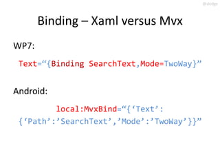 @slodge



       Binding – Xaml versus Mvx
WP7:
 Text=‚{Binding SearchText,Mode=TwoWay}‛


Android:
         local:MvxBind=‚{‘Text’:
 {‘Path’:’SearchText’,’Mode’:’TwoWay’}}‛
 