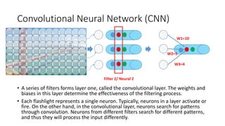 Convolutional Neural Network (CNN)
• A series of filters forms layer one, called the convolutional layer. The weights and
...