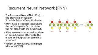 Recurrent Neural Network (RNN)
• The Recurrent Neural Net (RNN) is
the brainchild of Juergen
Schmidhuber and Sepp Hochreit...