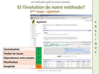 Les méthodes agiles et notre contexte 
Et l’évolution de notre méthode? 
2ème étape : AgileFant 
P 
R 
A 
T 
I 
Q 
U 
E 
Centralisation √ 
Tracker les issues √ 
Dépendances entre projets √ 
Planification √ 
Simplicité ≈ 
Esnault Jerome - INRIA SED DREAM - 7 
 