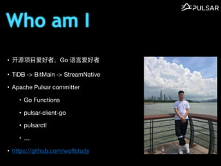 ? Դ?ߣGo ?

? TiDB -> BitMain -> StreamNative

? Apache Pulsar committer

? Go Functions

? pulsar-client-go

? pulsarctl

? 

? https://github.com/wolfstudy
Who am I
 
