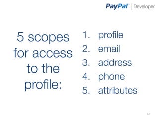 5 scopes    1.    proﬁle
             2.    email
for access
             3.    address
   to the
             4.    phone
  proﬁle:
   5.    attributes

                                 32	
  
 