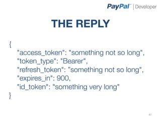 THE REPLY
{
     "access_token": "something not so long",
     "token_type": "Bearer",
     "refresh_token": ”something not so long",
     "expires_in": 900,
     "id_token": "something very long"
}

                                                  47	
  
 