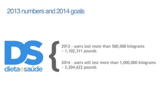 2013 - users lost more than 500,000 kilograms 
~ 1,102,311 pounds 
página ‹nº› 
2013 numbers and 2014 goals 
2014 – users will lost more than 1,000,000 kilograms 
~ 2,204,622 pounds 
 