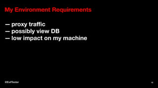 My Environment Requirements
— proxy traﬃc
— possibly view DB
— low impact on my machine
@EvilTester 10
 