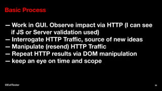 Basic Process
— Work in GUI. Observe impact via HTTP (I can see
if JS or Server validation used)
— Interrogate HTTP Traﬃc, source of new ideas
— Manipulate (resend) HTTP Traﬃc
— Repeat HTTP results via DOM manipulation
— keep an eye on time and scope
@EvilTester 50
 