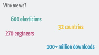 Whoarewe?
600elasticians
270engineers
32countries
100+milliondownloads
 