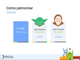 Como patrocinar 
Jedi Master 
R$ 50.000 
4 quotas 
Jedi Knight 
R$ 20.000 
4 quotas 
The Force 
Quotas 
 