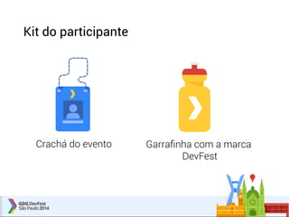 Crachá do evento Garrafinha com a marca 
DevFest 
Kit do participante 
 