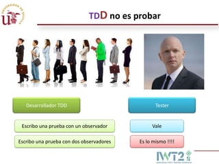 TDD no es probar

Desarrollador TDD

Tester

Escribo una prueba con un observador

Vale

Escribo una prueba con dos observadores

Es lo mismo !!!!

 