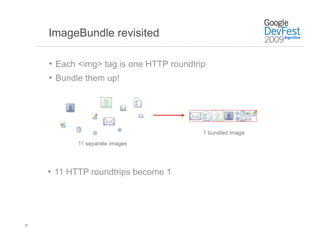 ImageBundle revisited

     •  Each <img> tag is one HTTP roundtrip
     •  Bundle them up!




     •  11 HTTP roundtrips become 1




37
 