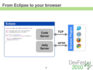 From Eclipse to your browser



 Eclipse




                                                                     Browser Plugins
 package com.google.gwt.samples.eclipsecon.client;



                                                              TCP
 import com.google.gwt.core.client.EntryPoint;
 import com.google.gwt.core.client.GWT;

 @SuppressWarnings("unused")
                                                     Code
 public class EclipseCon implements EntryPoint {
                                                     Server
     public void onModuleLoad() {
       Window.alert("foo");
     }


                                                              HTTP
 }


                                                      Jetty
                                                     Server




                                                        20
 