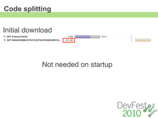 Code splitting


Initial download



            Not needed on startup
 