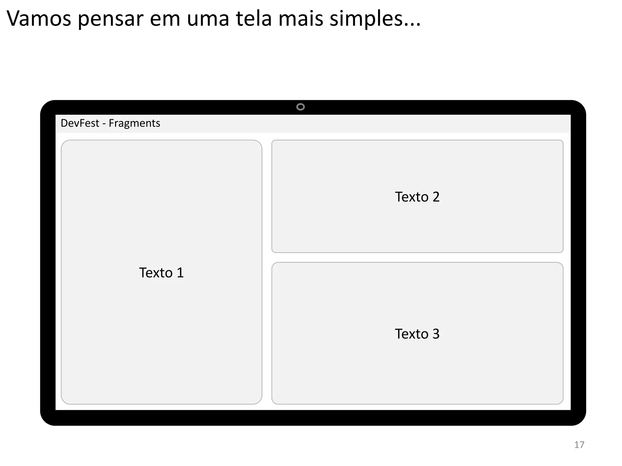 Vamos pensar em uma tela mais simples...



     DevFest - Fragments




                                     Texto 2



                   Texto 1


                                     Texto 3




                                               17
 