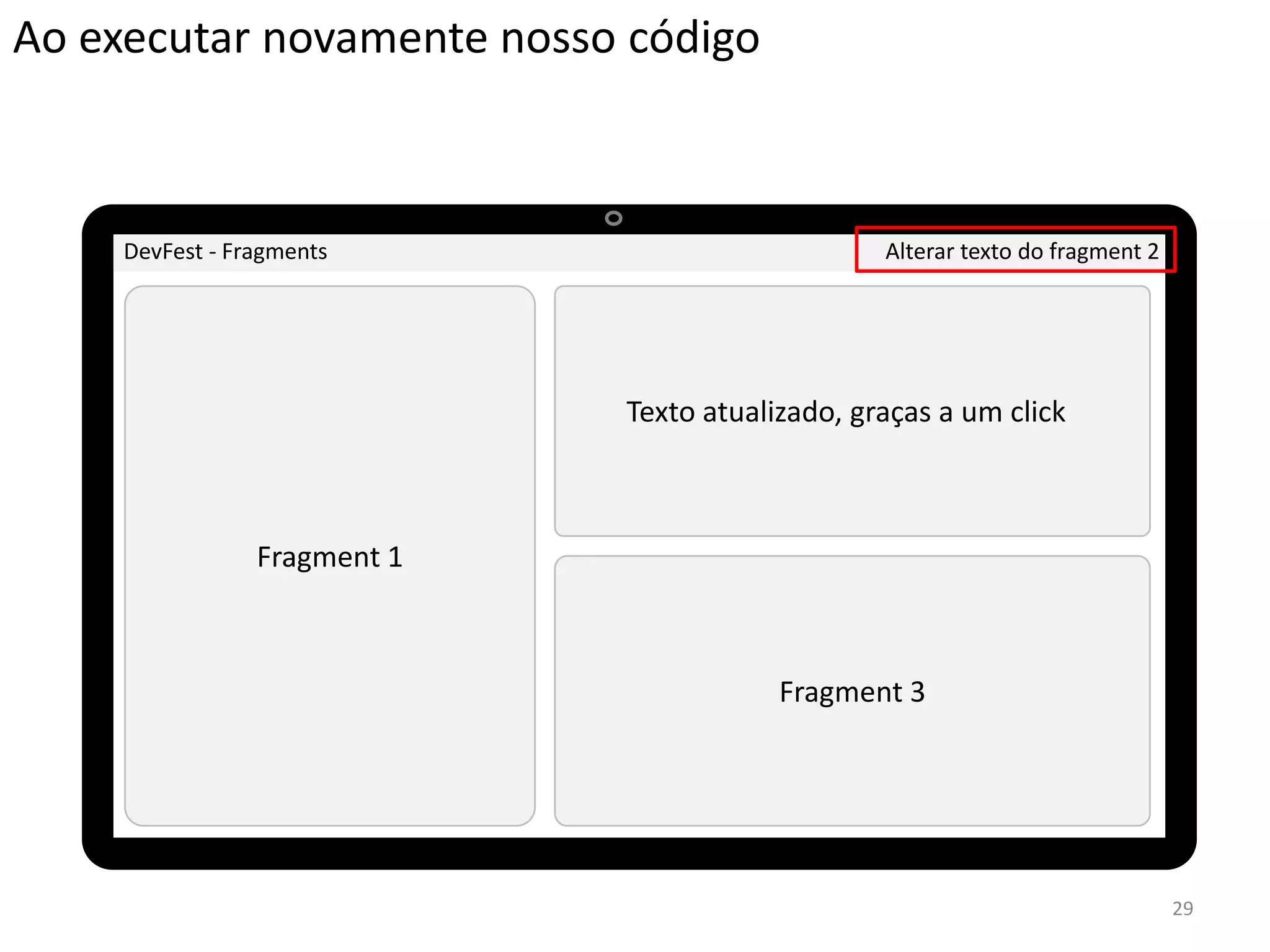 Ao executar novamente nosso código



     DevFest - Fragments                          Alterar texto do fragment 2




                              Texto atualizado, graças a um click
                                          Fragment 2



                 Fragment 1



                                          Fragment 3




                                                                                29
 