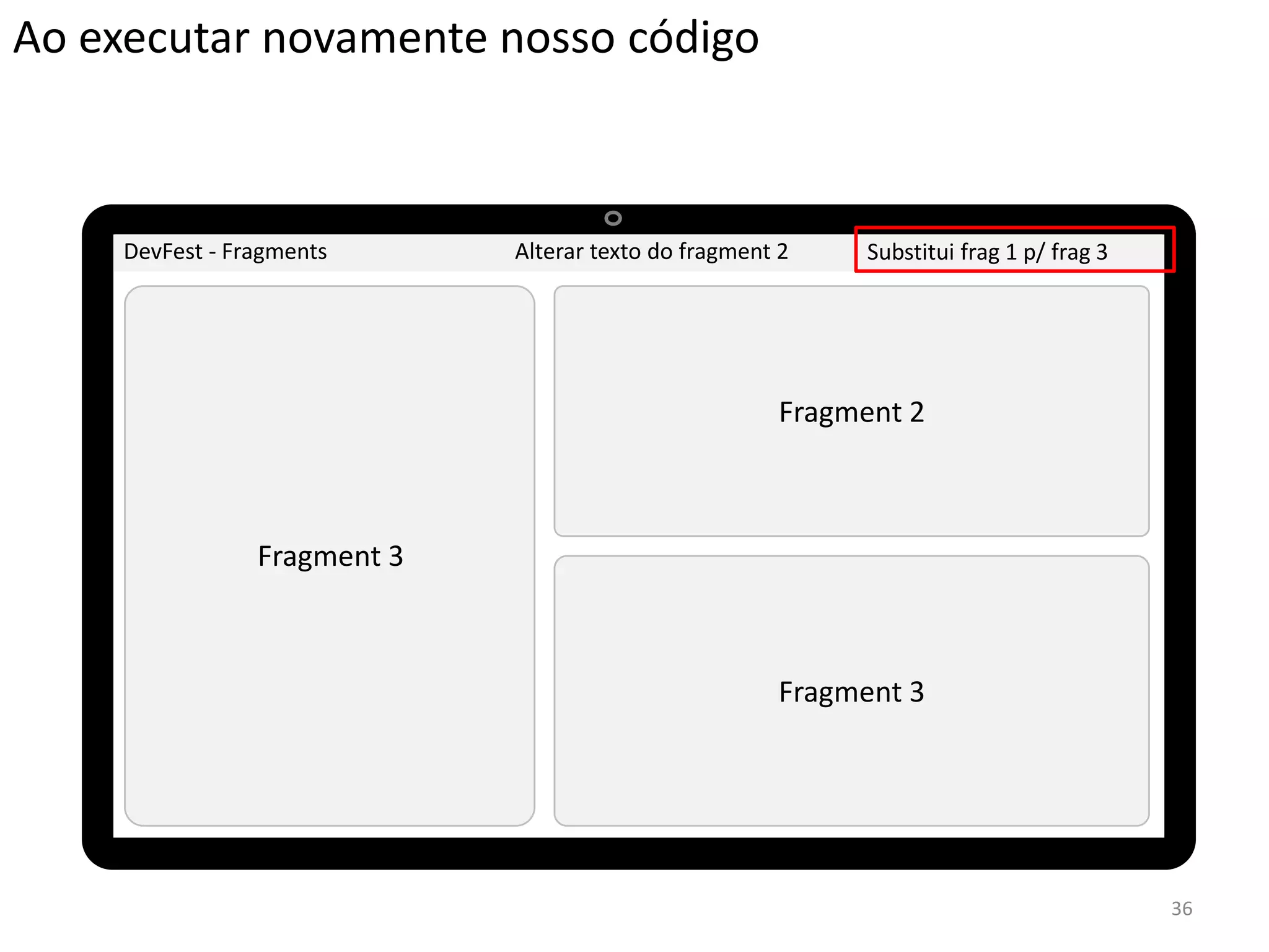 Ao executar novamente nosso código



     DevFest - Fragments      Alterar texto do fragment 2    Substitui frag 1 p/ frag 3




                                                       Fragment 2



                          3
                 Fragment 1



                                                       Fragment 3




                                                                                          36
 