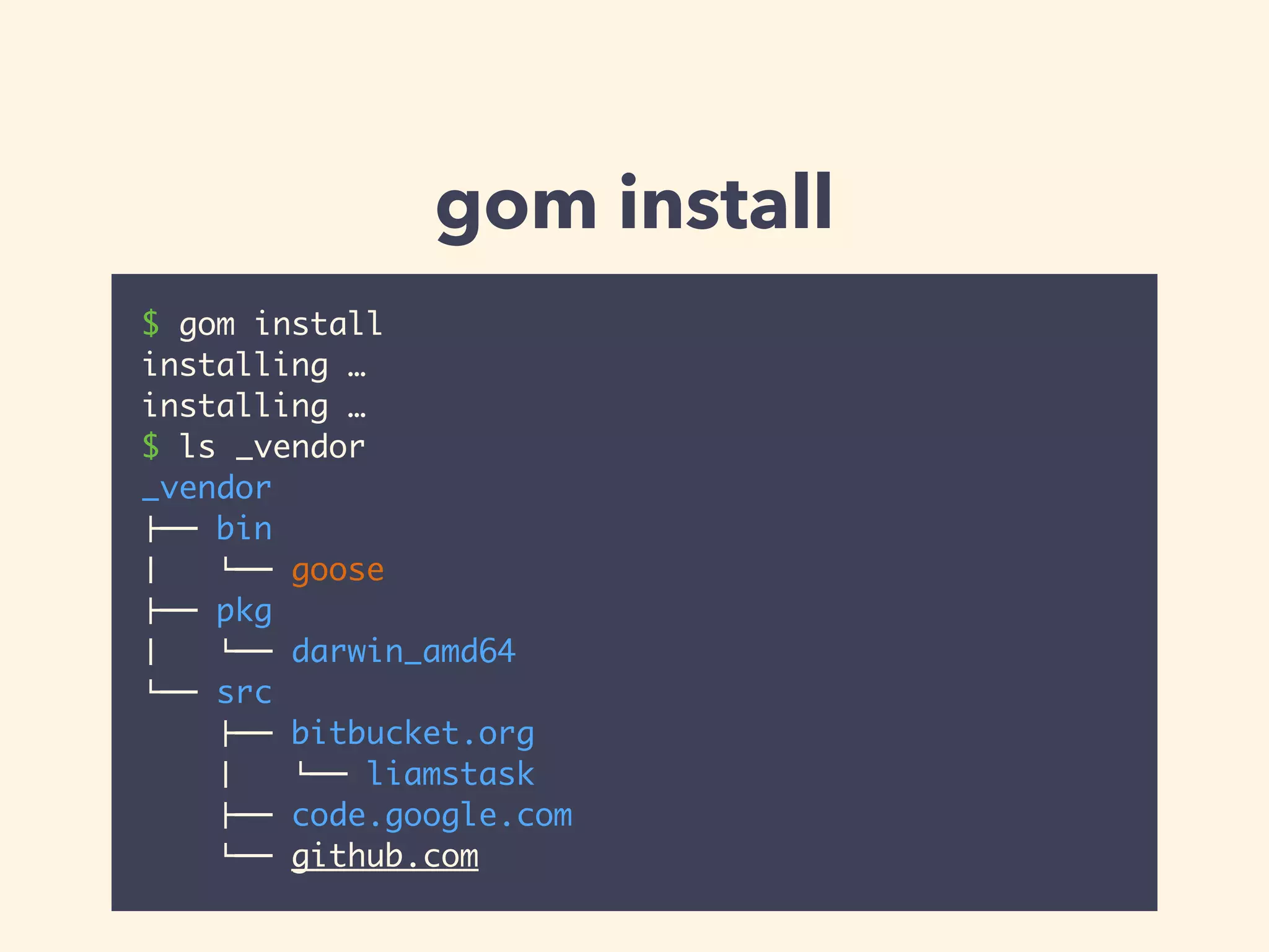 gom install 
$ gom install 
installing … 
installing … 
$ ls _vendor 
_vendor 
"## bin 
$ &## goose 
"## pkg 
$ &## darwin_amd64 
&## src 
"## bitbucket.org 
$ &## liamstask 
"## code.google.com 
&## github.com 
 