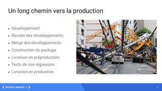8DEVFEST NANTES 16
Un long chemin vers la production
● Développement
● Recette des développements
● Merge des développements
● Construction du package
● Livraison en préproduction
● Tests de non régression
● Livraison en production