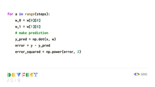 for a in range(steps):
w_0 = w[0][0]
w_1 = w[1][0]
# make prediction
y_pred = np.dot(x, w)
error = y - y_pred
error_squared = np.power(error, 2)
 