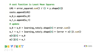 # cost function is Least Mean Squares
LMS = error_squared.sum() / (2 * y.shape[0])
costs.append(LMS)
w_0_s.append(w_0)
w_1_s.append(w_1)
# update
w_0 = w_0 + learning_rate/y.shape[0] * error.sum()
w_1 = w_1 + learning_rate/y.shape[0] * (error * x[1]).sum()
w[0][0] = w_0
w[1][0] = w_1
 