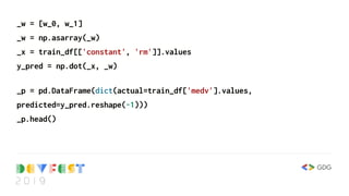 _w = [w_0, w_1]
_w = np.asarray(_w)
_x = train_df[['constant', 'rm']].values
y_pred = np.dot(_x, _w)
_p = pd.DataFrame(dict(actual=train_df['medv'].values,
predicted=y_pred.reshape(-1)))
_p.head()
 