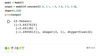 model = Model()
output = model(tf.constant([3.0, 3.1, 1.9, 2.0, 2.5, 2.9],
shape=(3,2)))
print(output)
 