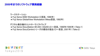 2000年までのソフトウェア開発経験
ワークステーション
● Fuji Xerox 6060 Workstation（C言語、1986年）
● Fuji Xerox GlobalView Workstation（Mesa言語、1992年）
デジタル複合機のコントローラソフトウェア
● Fuji Xerox DocuStation IM 200 / AS200 (C++言語、1996年/1995年）（Take-1）
● Fuji Xerox DocuCentreシリーズの最初の製品（C++言語、2001年）（Take-2）
 